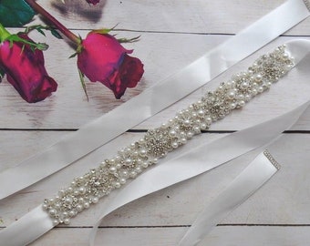 Bridal belt wedding dress belt wedding rhinestone glass beads pearls white, ivory,