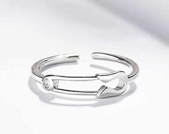 Ring minimalistischer Damenring 925er Silber Sicherheitsnadel mit Strass verstellbar