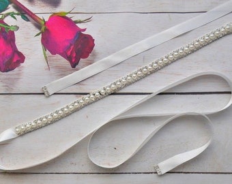 Bridal belt belt wedding bride wedding dress silver narrow rhinestone pearls white ivory