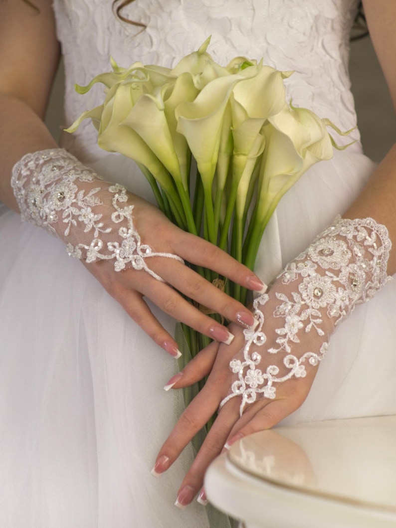 Gants de mariée gants de mariage perles de dentelle perles de verre ivoire S/mètre image 1