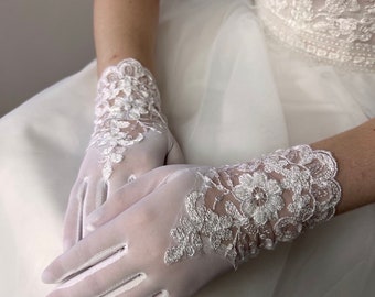 Gants de mariée Gants de mariage Doigts Perles de dentelle Perles de verre Blanc