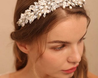 Boho Hochzeit Braut   Kommunion  Haarschmuck  Diadem  Tiara  Haarreif Haarranke  Haarkranz  Silber  Kristall Perlen