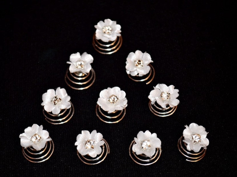 10 Curlies hairpins hair ornaments rhinestones bridal communion flowers rhinestones white, ivory image 3