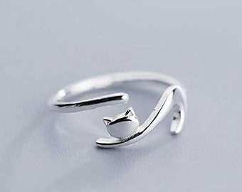 925 Sterling Silver Naughty Cute Cat Animal Finger Ring for Women Men Jewelry Birthday Gift Adjustable Charm