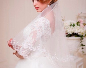 Bridal veil lace 2-layer 80/60 cm embroidery comb white