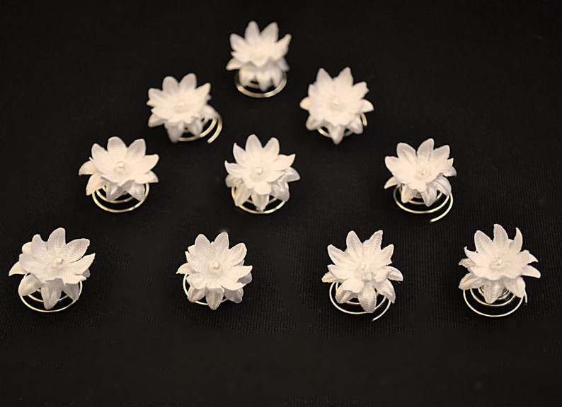10 Curlies haaraccessoires haarspelden bruids satijn bloemen parels wit, ivoor Ivory