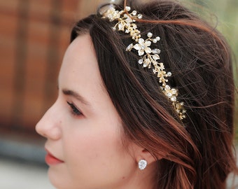 Hochzeit Braut  Haarschmuck Haarband Haarranke  Haarkranz  Braut  Gold  Strass  Blumen Perlen weiß, ivory