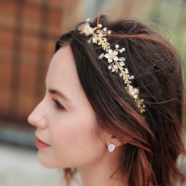 Hochzeit Braut  Haarschmuck Haarband Haarranke  Haarkranz  Braut  Gold  Strass  Blumen Perlen weiß, ivory