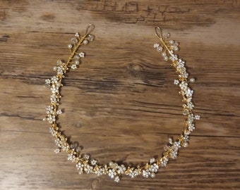 Boho Braut  Haarschmuck Minimalistisch  Haarranke  Haarkranz  Haarband Braut  Gold  Strass  Blumen Perlen weiß, ivory