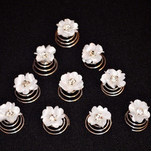 10 Curlies Haarnadeln Haarschmuck Strass Braut Kommunion Blumen Strass weiß, ivory Bild 2