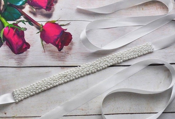 Bridal Belt, Wedding Bridal Dress Pearls Glass Beads White 