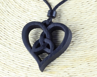 Hand-Carved Celtic Knot Heart Necklace in Ancient Bog Oak: Eternal Love Wooden Pendant