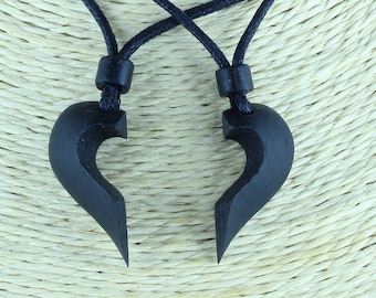 Bog Oak Couple Necklace, Hand Carved Wooden Heart Pendants