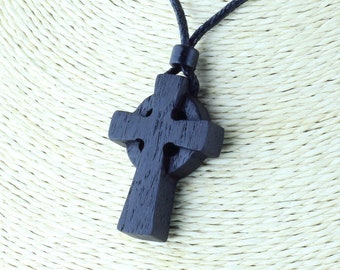 Hand-Carved Celtic Cross Necklace: 5,000-Year-Old Irish Bog Oak Heritage Faith Amulet