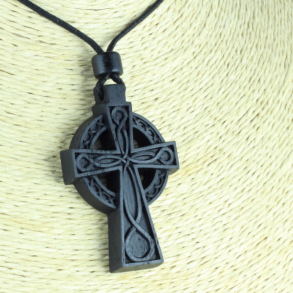 Celtic Cross Wooden Pendant, bog oak Cross Necklace,  5000years old bog oak
