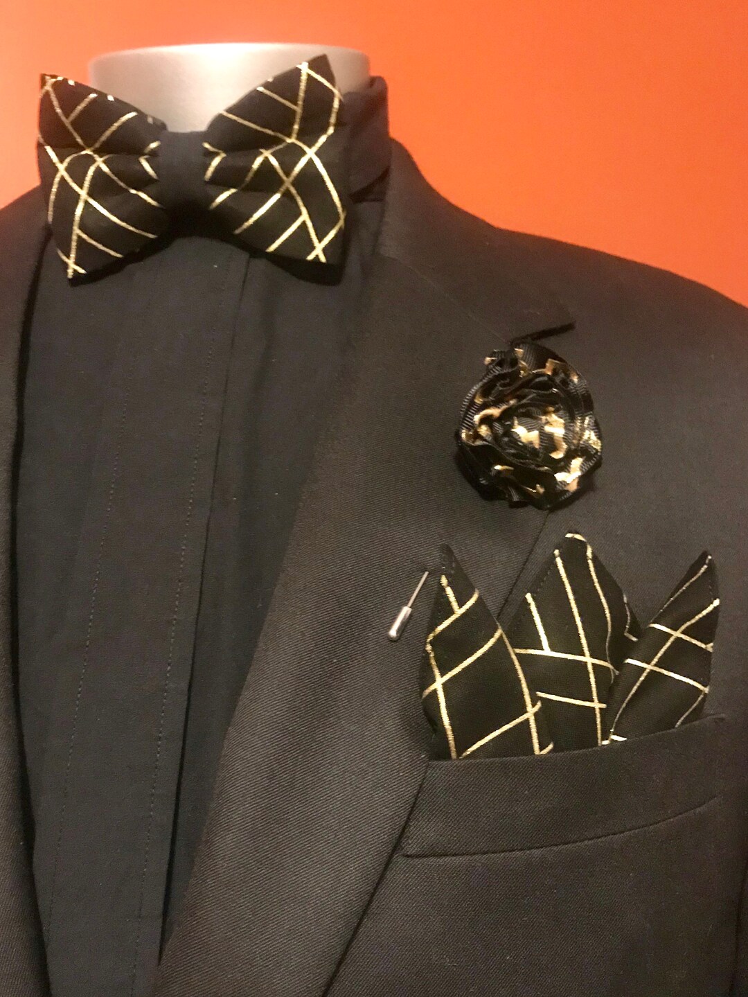 Black and Gold Geometrical Bow Tie Set Etsy