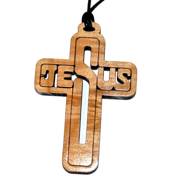Jesus Cross Pendant, Solid maple Jesus necklace great for casual wear. Great gift idea,  Also great for your rear view mirror