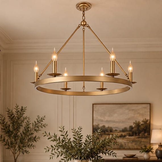 Goldener Wagenrad-Kronleuchter | Große Hängeleuchte | Rustikaler Kerzenleuchter | Runde Modern-Farmhouse-Lampe