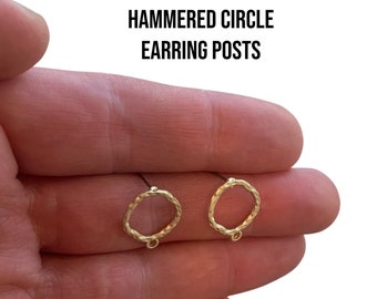 New! 2 pairs 16mm Matte Gold Hammered Circle Earring Posts Connectors, Textured earring posts, Trendy Jewelry Making Supplies Findings