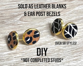 12mm Stud Blanks - Genuine Leather & Leather Backed Cork with Gold or Silver Stainless Steel Posts Bezels - DIY Leather Stud Earrings