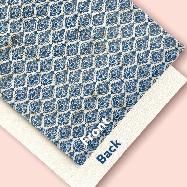Blue Bohemian Boho Tiles Block Print on White Leather Backed Cork Sheet for Earrings, Cork on Cowhide 2022 Trendy Print