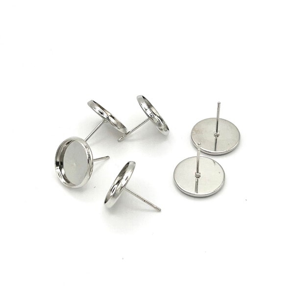 New! 12mm Silver Plated Bezel Setting Earring Posts Connectors, Stainless Steel Circle Stud Blank Earring Posts - Jewelry Findings Supplies
