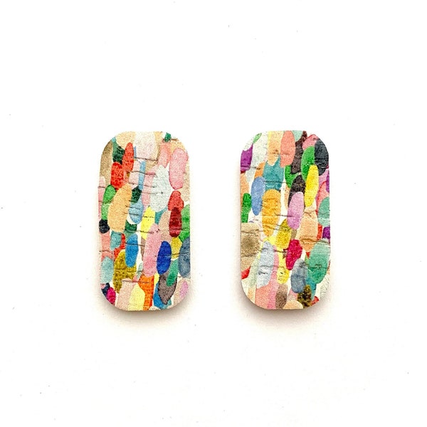New! Colorful Confetti Print Cork on Leather Tiny Barrel Rounded Rectangle Colors Cut-Out Teardrop, Earring Blanks, Pre Die Cut Shapes