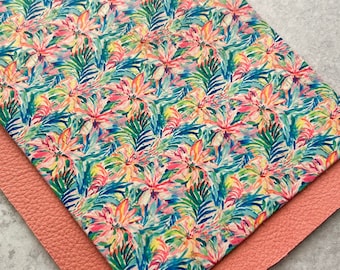 Preppy Tropical Floral Leather Backed Cork Sheet, Trendy Unique Summer Flowers Print Cork Leather, Hawaiian Flowers Print Leather, Unique