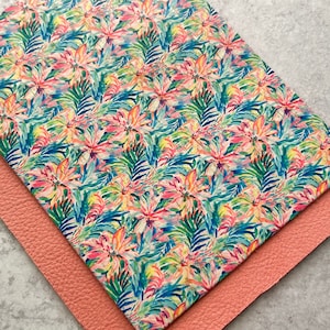 Preppy Tropical Floral Leather Backed Cork Sheet, Trendy Unique Summer Flowers Print Cork Leather, Hawaiian Printed Leather, Unique 2025