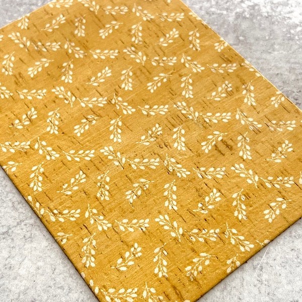 Fall Mustard Foliage Print Leather Backed Cork Sheet for Earrings, Cork on Cowhide 2023 Trendy Print, Wholesale - Yellow Floral Print