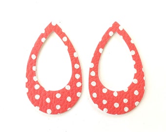 New! Coral White Dot Summer Print Lily Inspired FAUX Leather Teardrop Cut-out Shapes, 4 Pairs Wholesale Open Teardrops, Die Cut DIY Earrings