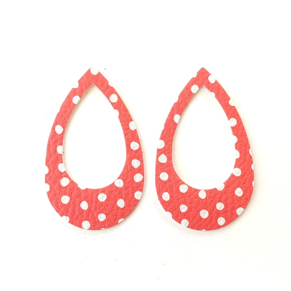 New! Coral White Dot Summer Print Lily Inspired FAUX Leather Teardrop Cut-out Shapes, 4 Pairs Wholesale Open Teardrops, Die Cut DIY Earrings