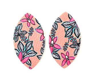 Faux Leather Black Peach Floral Leather Alternative Teardrops