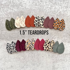 1.5" Small Leather Teardrop Earring Blanks, Fall Colors & Leopard Prints Leather DIY Earring Shapes Pendants Sample Pack, Wholesale Pre Cuts