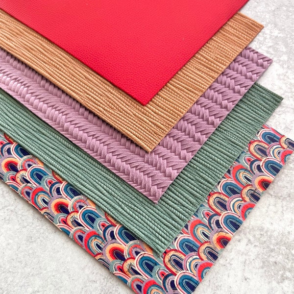 Summer Colors Leather Backed Cork & Genuine Leather Embossed Sheet for Earrings, Rainbow Print, Seafoam Green, Lilac Purple, Peach Palm, Red