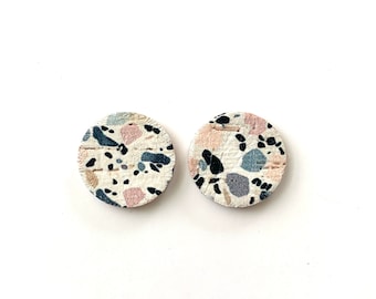 NEW! Marbled Clay Pink and White TINY CIRCLE Earring Blanks Cork on Leather Earring Pendant Earring Wholesale Embossed Teardrops .75" Discs