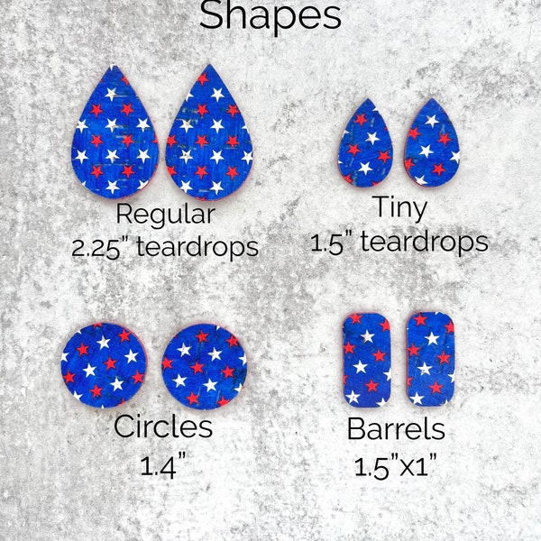 Red White & Blue Stars Print Cork on Leather Precuts Teardrops, DIY Earring Blanks, Circles Barrels, July 4th Memorial Day Earring Pendants