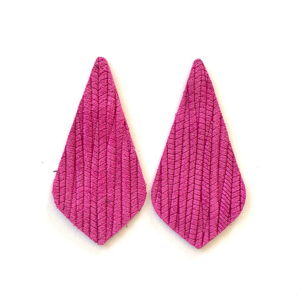 Hot Pink Leather Pointed Teardrop Shapes DIY Earring Blanks, Palm Leaf Embossed Leather, Pre Die Cut Shapes, Wholesale Earring Pendants