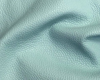 May include: A close-up of a light blue textured leather fabric.