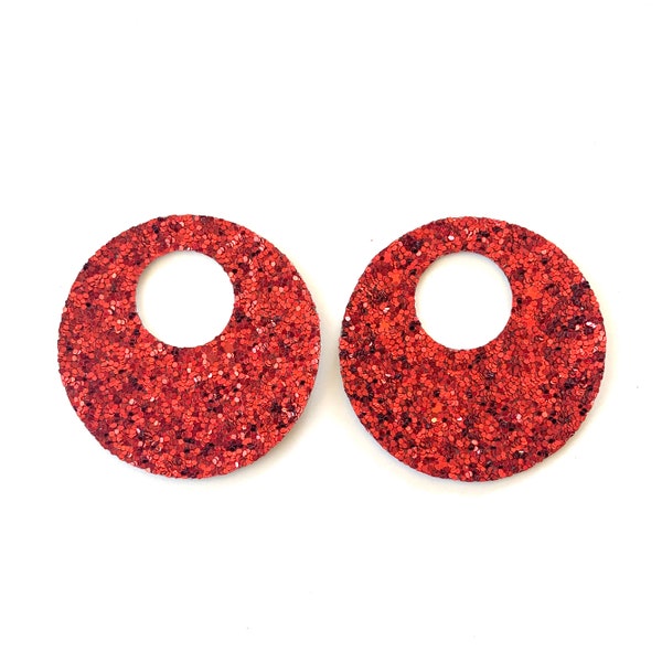 NEW! Ruby Red Chunky Glitter Vegan Circle Cut-Out VEGAN Leather Earring Blanks, FAUX Leather, Colorful Print Teardrop, Wholesale Earrings