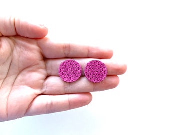 New Shape! Hot Pink Honeycomb Embossed TINY CIRCLE Earring Blanks Leather Earring Pendants, Diy Earrings, Wholesale Embossed Teardrops .75"