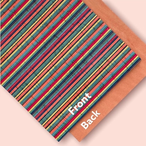 May include: A close-up of a sheet of cork fabric with a colorful striped pattern. The fabric has a textured surface and is folded over to show the back side, which is a solid light brown color. The words "Front" and "Back" are printed on the fabric.