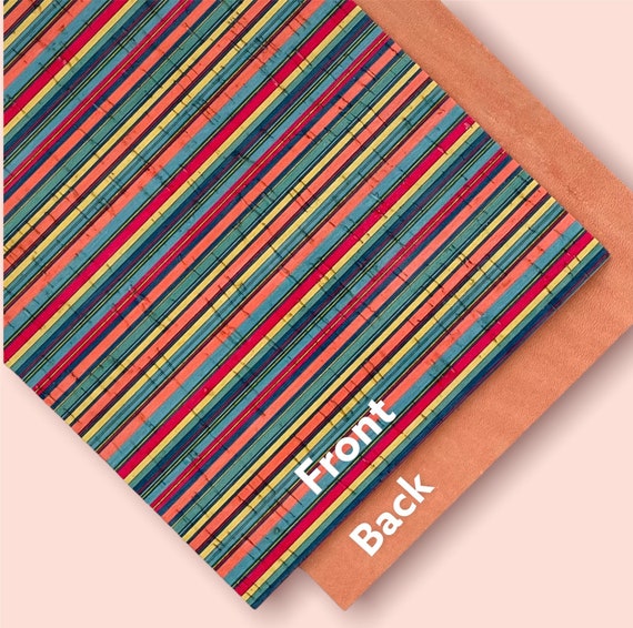 NEW! Summer Beach Stripes Leather Backed Cork Sheet for Earrings, Striped Cork on Cowhide 2022 Trendy Print, Salmon Color Leather Backing