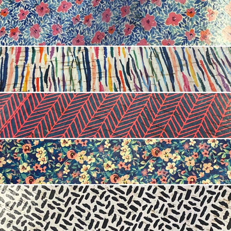 May include: A collage of five different patterned fabrics. The top fabric is a white background with pink and blue floral designs. The second fabric is a white background with colorful stripes. The third fabric is a red and black herringbone pattern. The fourth fabric is a blue background with a floral pattern in shades of pink, yellow, and white. The bottom fabric is a white background with black brushstrokes.