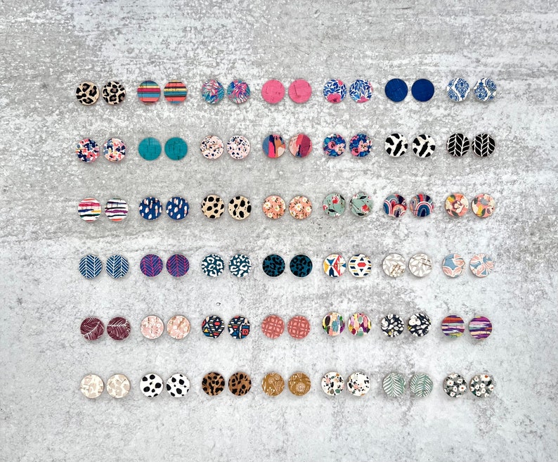 Colorful Prints TINY CIRCLE Leather Backed Cork Earring Blanks, .75" DIY Wholesale Earring Pendant Discs Circles, Leopard, Floral, Abstract image 1