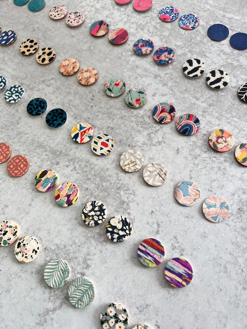 Colorful Prints TINY CIRCLE Leather Backed Cork Earring Blanks, .75" DIY Wholesale Earring Pendant Discs Circles, Leopard, Floral, Abstract image 6
