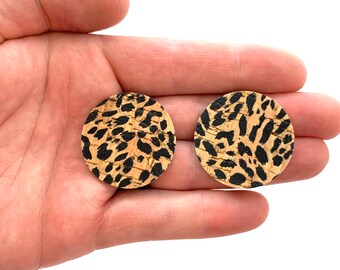 Earring Blanks, SPOTTED CHEETAH Leopard Circle Disc Earring Teardrop Pendants, Cork on Leather DIY Earring Shapes, Trendy Earring Pendant