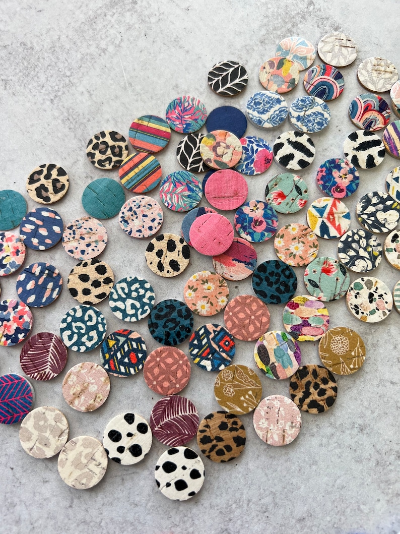 Colorful Prints TINY CIRCLE Leather Backed Cork Earring Blanks, .75" DIY Wholesale Earring Pendant Discs Circles, Leopard, Floral, Abstract image 3