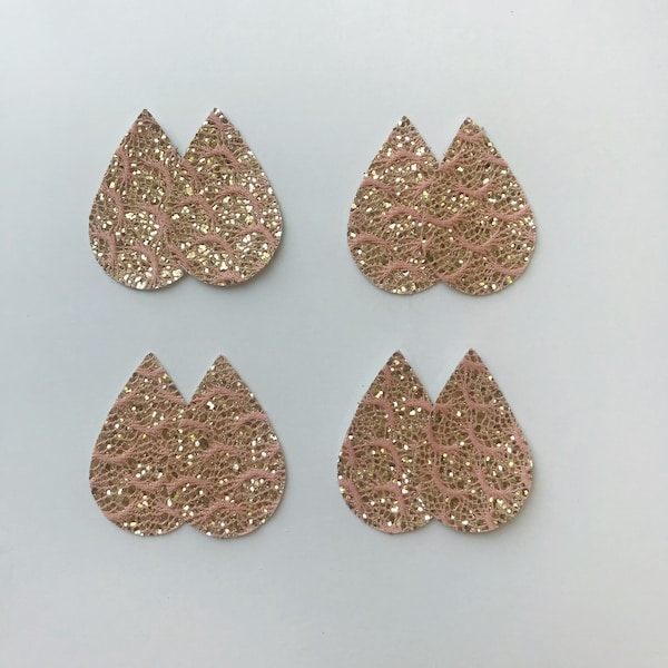 Rose Gold Glitter Lace Fabric Teardrop Shapes for Earrings, Faux Vegan Leather Earring Supplies, Wholesale Leather Earring Making