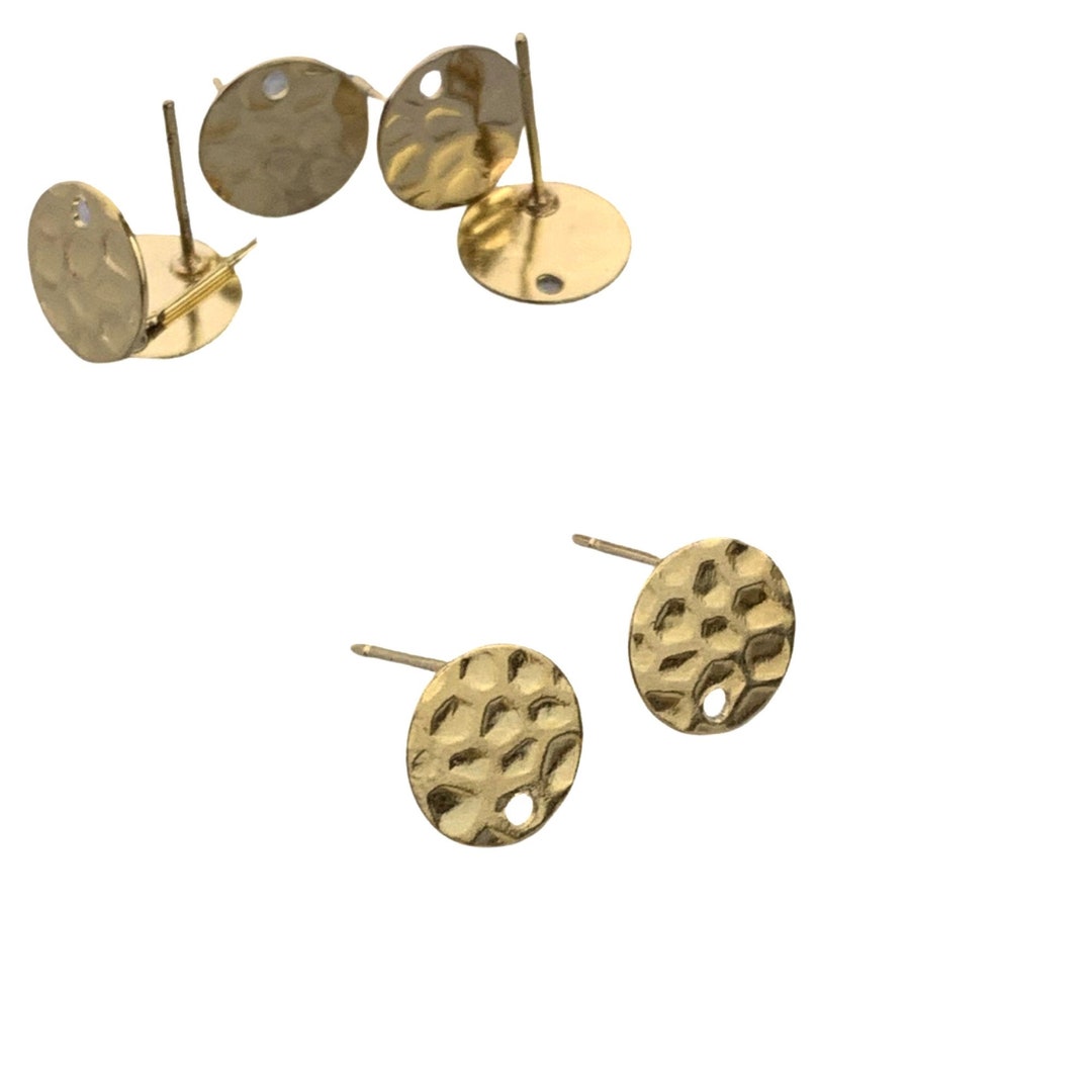 New 10mm Gold Plated Hammered Earring Posts Connectors, Circle Shape Earring Posts, Jewelry